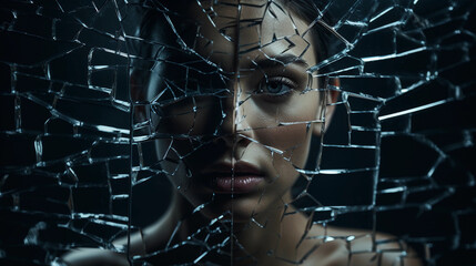 Wall Mural - portrait, mirrored in shattered glass, complex emotions, dramatic studio lighting