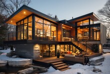 Modern Exterior Of Luxury Cottage. Private House In Scandinavian Style At Winter Evening