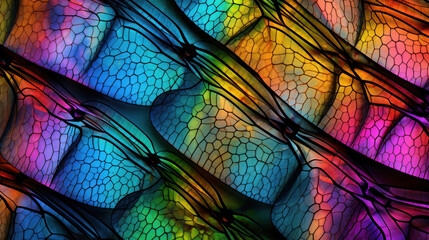  Multi-colored, vibrant abstract texture, wing of psychedelic dragonfly under microscope