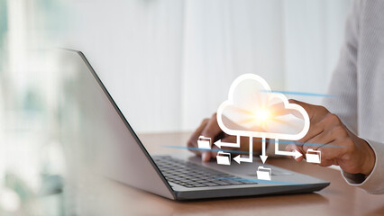 Wall Mural - cloud computing shown in hand cloud technology data storage, data transfer, network and internet ser