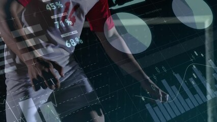 Wall Mural - animation of financial data processing over caucasian football player