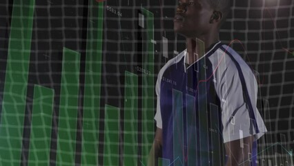 Wall Mural - animation of financial data processing over african american football player