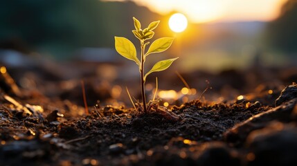 Sticker - A green young seedling grows from the ground. Theme of gardening and ecology.