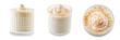 Eggnog with cinnamon decorated with whipped cream in a glass on a white isolated background