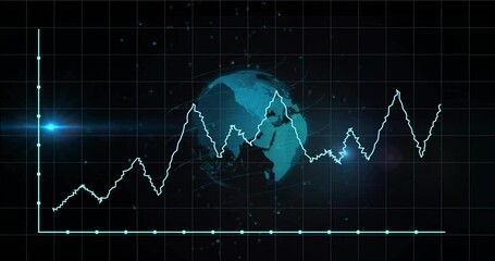 Canvas Print - Animation of graph, grid pattern, lens flares and rotating globe over black background