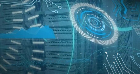 Poster - Animation of loading circles, 5g text, graph and circuit board pattern over data server systems