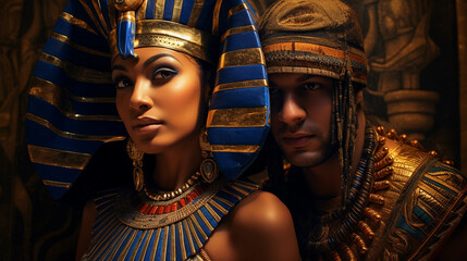 Wall Mural - Ancient Egyptian time-capsule portrait, pharaoh and queen in traditional headdress, hieroglyphics background