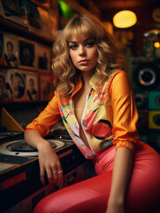 Wall Mural - 70s themed time-capsule portrait, vibrant colors, retro clothing, lava lamp and vinyl records in the background