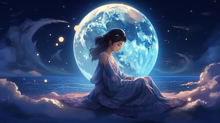 moon goddess sitting on cloud throne, pretty woman look elegant in heavenly atmosphere, ai generativ