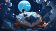moon goddess sitting on cloud throne, pretty woman look elegant in heavenly atmosphere, Ai Generative 