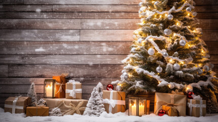 Wall Mural - Christmas tree with candles and gift presents in snow on wooden background. Christmas background with xmas tree , and sparkle bokeh lights. Merry christmas card. Winter holiday theme. Happy New Year