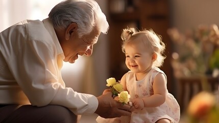 Grandfather giving flower to his granddaughter in living room