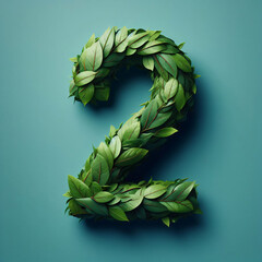 Wall Mural - The number 2 is made out of leaves, on a teal background, photorealistic