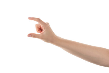 Wall Mural - young woman hand to hold something with two fingers isolated on white background
