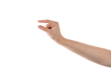 Wall Mural - Young woman hand to hold something with two fingers isolated on white background