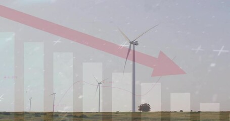 Wall Mural - animation of red arrow and financial data processing over wind turbines field in countryside