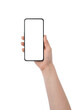 © GCapture - Young woman hand show generic smartphone with empty screen isolated on white background