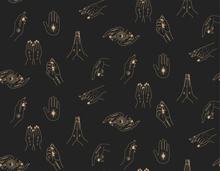 Wall Mural - seamless pattern with hands. a woman casts a spell. magic hands. palm tattoos. on a dark background.