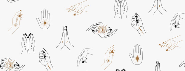 Wall Mural - seamless pattern with hands. a woman casts a spell. magic hands. palm tattoos. on a dark background.