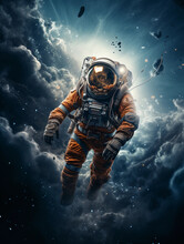 Portrait Of A Female Astronaut, Full Gear, Against A Backdrop Of The Cosmos, Striking Contrast, Detailed Space Suit