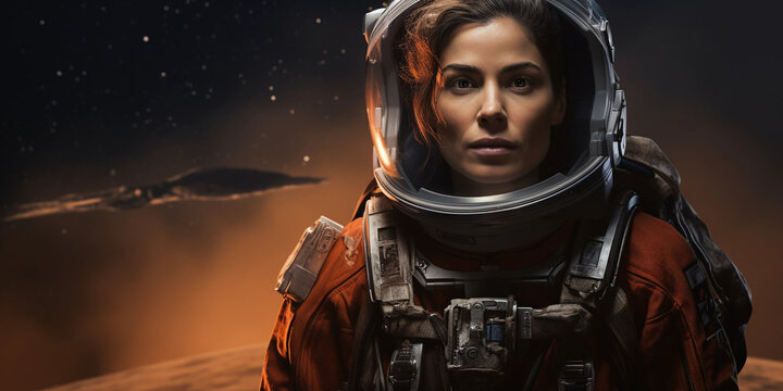 Posed portrait of a female astronaut, full gear, against a backdrop of the cosmos, striking contrast