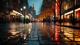 Fototapeta Londyn - A city street during a gentle rain, with wet pavement reflecting the colorful lights, creating a cinematic and atmospheric urban scene