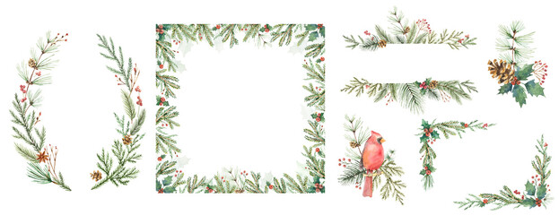 Wall Mural - christmas set of frames, wreaths, bouquets. watercolor winter greenery, cardinal bird, holly berries