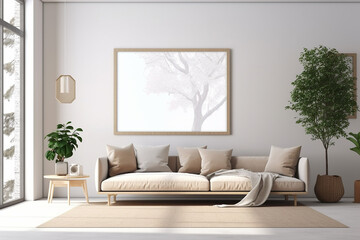 Wall Mural - Mock up for a vertical frame, minimalist living room interior with a blank frame, gray sofa, indoor plant