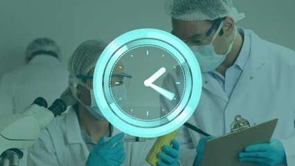 Canvas Print - Animation of moving clock over caucasian male and female scientist in lab