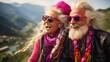 Happy, laughing elderly couple, dressed in  psychedelic clothes in the style of 1970's. The concept of Healthy ageing