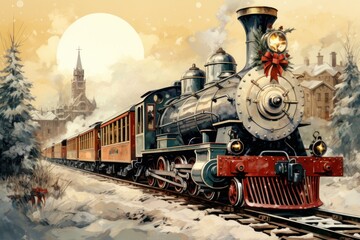 Wall Mural - Christmas Trains - Generative AI