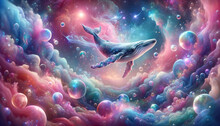 Whales Swim In The Air Amid Colorful Dust.