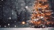 a beautifully decorated Christmas tree standing in the snow on a peaceful winter night.