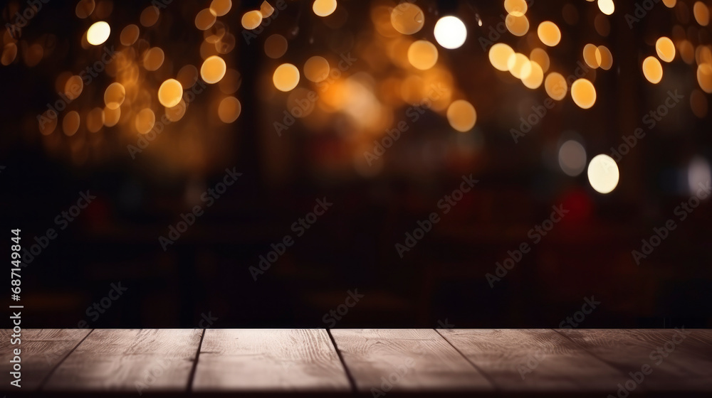 Wooden table on a blurred background of bokeh lights of a night city ...
