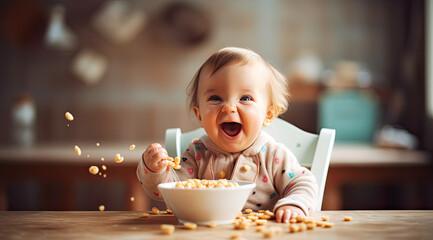 Canvas Print - cute baby eating in a high chair