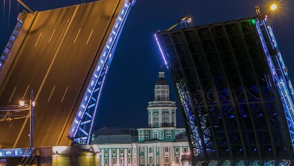 Poster - Raised Palace Bridge timelapse amid numerous boats and the prominent Kunstkamera - Museum of Anthropology and Ethnography. Overlooking the Neva River, scene embodies St. Petersburg's charm. Russia