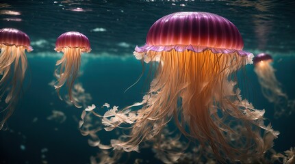 Wall Mural - jelly fish in the aquarium. In the depths of the ocean, a jellyfish glows with an otherworldly beauty, its movements like a graceful dance in the water