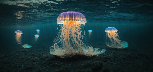 Wall Mural - jelly fish in the aquarium.a bioluminescent jellyfish illuminating a dark and mysterious underwater landscape panaromic