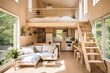 Minimalist and elegant two-story wooden tiny house interior in countryside, neutral colors, sustainable lifestyle, Space-saving apartment interior