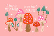 Valentine's day greeting card design with cute mushroom set. Childish print for stickers, party invitation and background