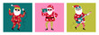 Christmas holiday cute Santa character card set. Santa singing, playing guitar and dancing. Childish print for cards, stickers, apparel and decoration