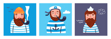 Cute Greeting Card Set With Sailor Character. Childish Print For Cards, Stickers, Apparel And Decoration