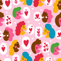 Wall Mural - Seamless pattern design for Valentine's day with cute diverse people funny faces and heart shapes. Hand drawn print for wrapping paper, wallpaper and background