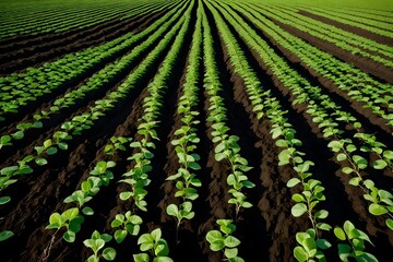 Wall Mural - landscape rows of young beatroot plants, young beat sprouts during the period of active growth. sugar beat plant in cultivated agricultural field. agriculture process--