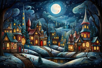 Wall Mural - Christmas Villages at Night - Generative AI