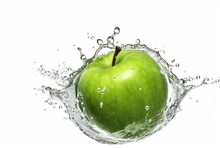 Green Apple With Water Splash Isolated On White Background. Generative Ai