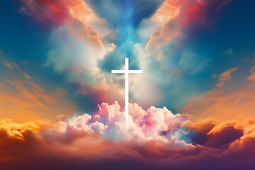 Wall Mural - Shining cross in the sky in multicolored clouds, Christianity, religion and faith.