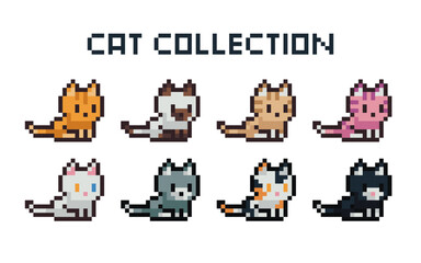 Set of many breeds of cats on white background, isolated, vector, illustration, pixel art