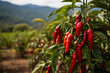 Red chili peppers growing on a plant in a field with mountains in the background.