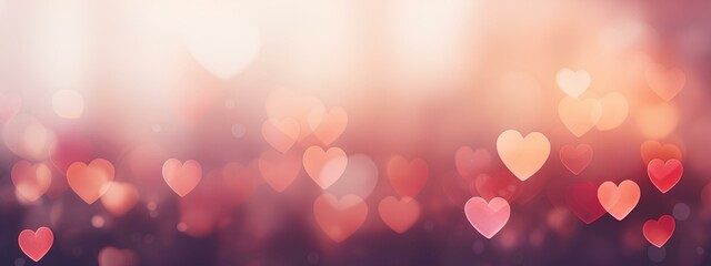 Wall Mural - shiny pink and red romantic background with hearts in the bokeh style, a banner for valentine's day.
